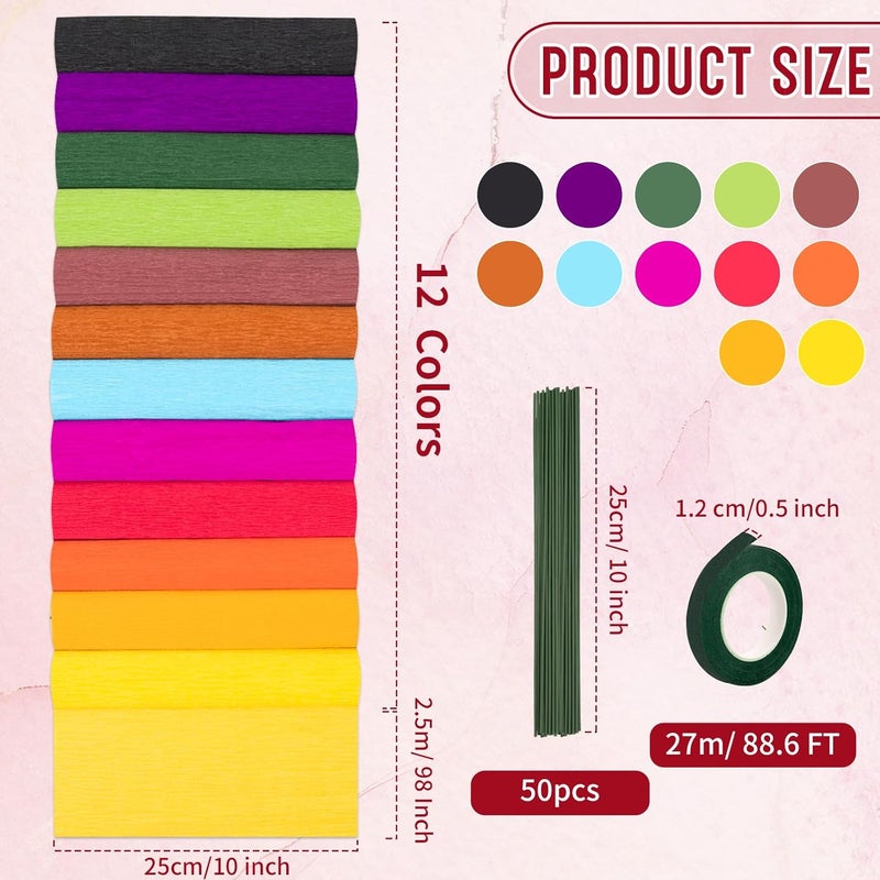 fuceury 12 Colors Crepe Paper Rolls, 10 x 98Inch Wide Crepe Paper Sheets with Floral Stem Wire and Green Floral Tapes for DIY Gift Wrapping Paper Crafts Birthday Wedding Holiday Paper Flower(Deep Colors) - Image 2